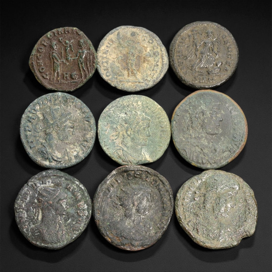 Ancient Roman Imperial Bronze Coins (AE2-AE3 Denominations), c. 3rd-4th Century CE, 69ER: A well-preserved group of nine bronze coins dating from the late Roman Imperial era, spanning approximately the 3rd to 4th century CE. These AE2-AE3 denominations represent a dynamic period of transit