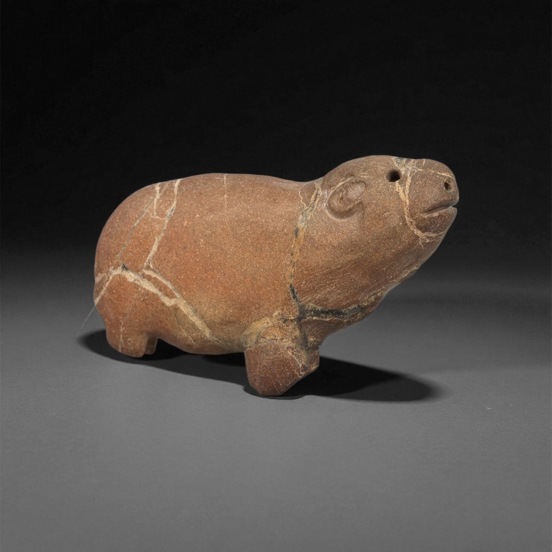 An Egyptian Stone Hippopotamus, Middle Kingdom, Circa 1900-1700 BCE, 55ZB: Carved from a brown stone with natural veining, the figure is modeled in the round with a compact body supported on four short legs. The head is rendered with a broad muzzle, small drilled eyes, and l