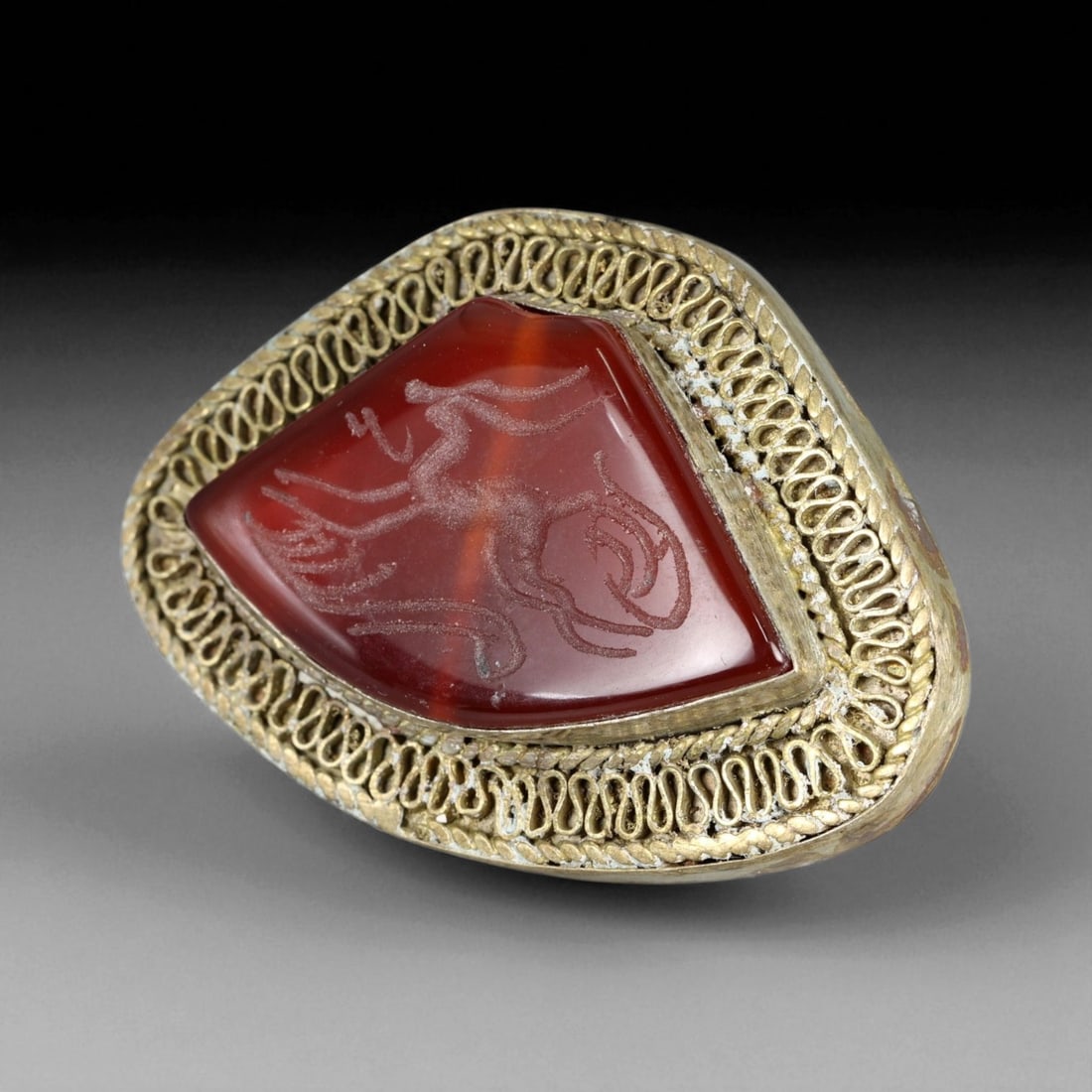 Antique Central Asian Carnelian Intaglio Tribal Silver Ring, c. 19th-20th Century, 5.5cm, 84BX (1 of 2)