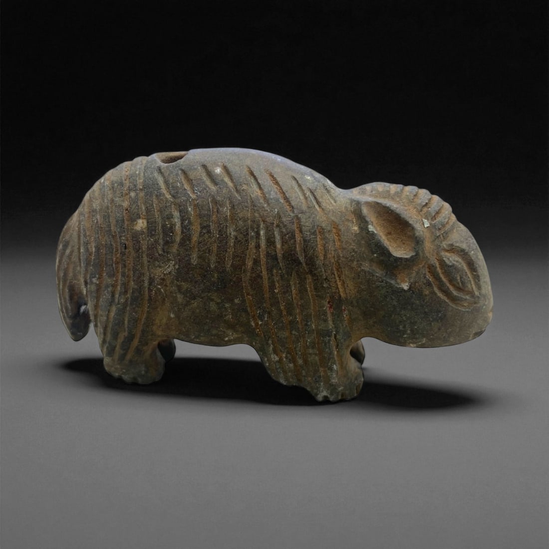 Ancient Near Eastern Striated Rodent Zoomorphic Stone Amulet, c. 2nd Millennium BCE, 7cm, 76g, 62AA: This endearing zoomorphic amulet, carved from dark stone and etched with rhythmic striations, depicts a stylized rodent-like creature and dates to the 2nd millennium BCE. Likely originating from the b
