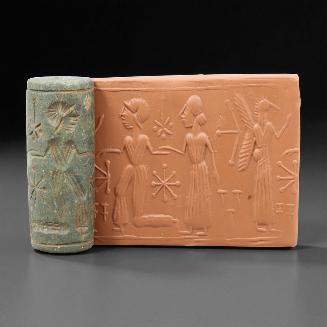 A Mesopotamian Stone Cylinder Seal, 3rd-2nd Millennium BCE, 5.9cm, 58EJ: This Mesopotamian cylinder seal dates to the 2nd-1st millennium BCE. Carved from stone, it would have been used to roll designs onto wet clay as a mark of ownership or identification. The seal fits co