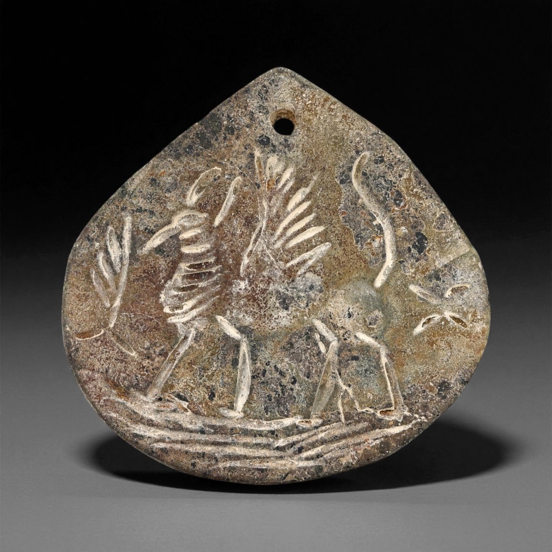 A Proto-Elamite Bird and Serpent Motif Steatite Pendant Plaque, c. 30th-27th Century BCE 7.2cm, 85ES (1 of 2)