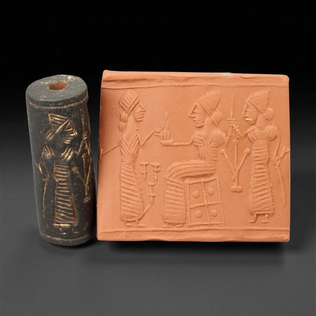 Ancient Akkadian or Babylonian Stone Cylinder Seal, c. 2nd Millennium BCE, 5.2cm, 3EG: A striking relic from the dawn of civilization, this ancient Mesopotamian cylinder seal dates to the 2nd-1st millennium BCE - a period when art, writing, and ritual became inseparable expressions of c