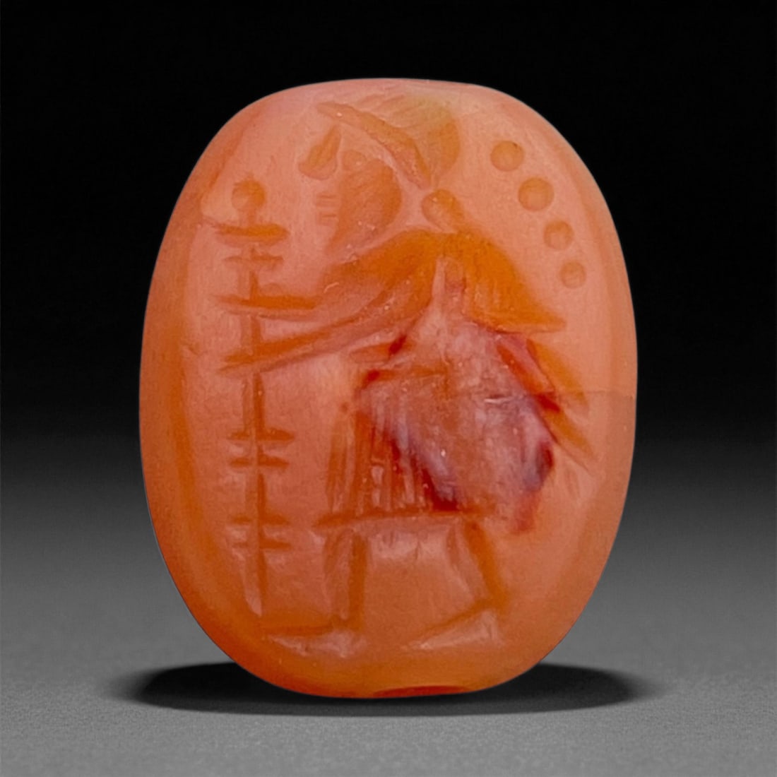 Ancient Neo-Babylonian Carnelian Hemispherical Stamp Seal, c. 7th-6th Century BCE 1.5cm 3g, 32BB: This finely carved carnelian hemispherical stamp seal originates from the Neo-Babylonian period, c. 7th-6th century BCE, a time of renewed Mesopotamian grandeur under the rule of Nebuchadnezzar II and