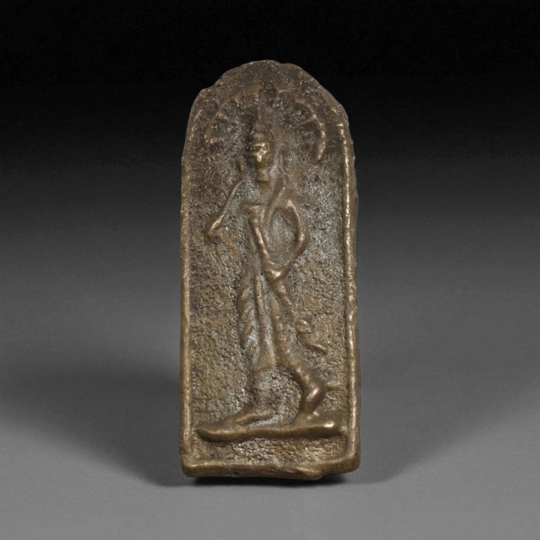 Antique Bronze Walking Buddha Amulet Plaque, Thailand, Early Rattanakosin Era, 6cm, 26g, 19Q (1 of 2)