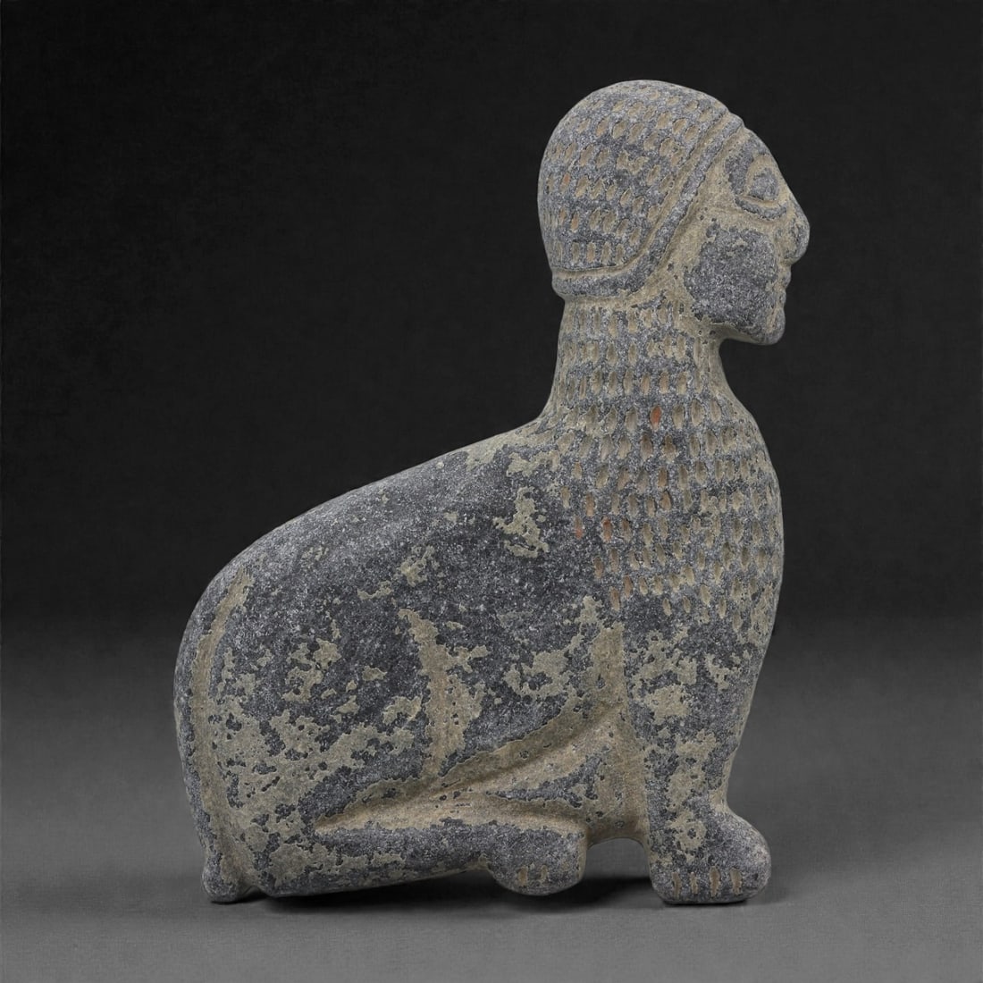 An Indo-Parthian Stone Hybrid Plaque, 1st-2nd Century CE: Carved from dark grey stone with areas of pale surface accretion, the plaque represents a seated hybrid creature combining human and animal attributes. The body is shown in profile with the forelegs t