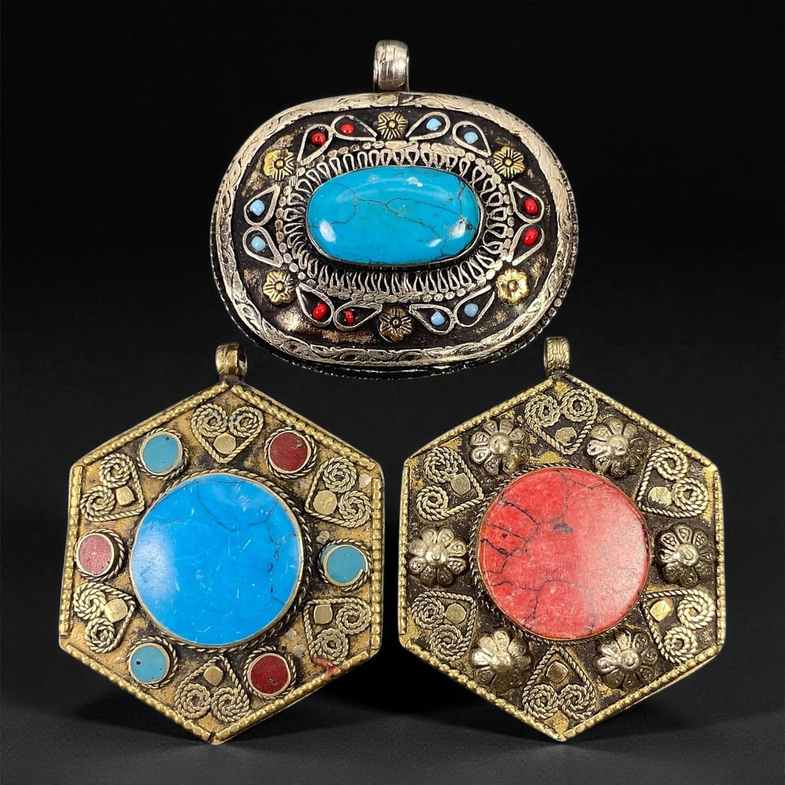 Vintage Himalayan Brass and Stone Inlay Mandala Pendants, c. 20th Century, 3 Pieces, 57XF (1 of 1)