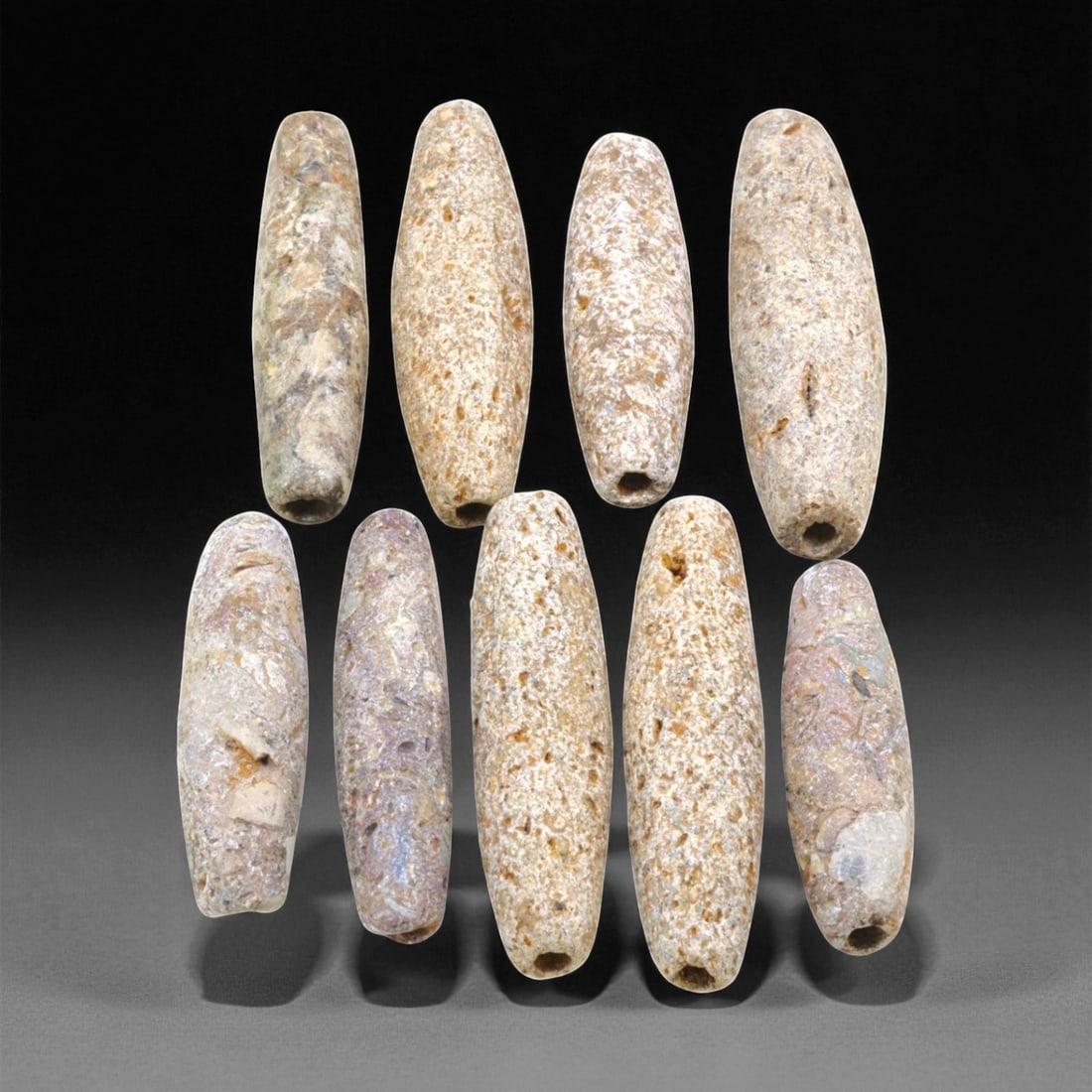 Ancient Indus Valley Steatite Barrel Beads, c. 2600-1900 BCE, 4.5-5.5cm, 71EL: These ancient barrel-shaped beads originate from the Indus Valley Civilization, one of the earliest and most sophisticated urban cultures of the Bronze Age. Dated to around 2600-1900 BCE, they were ca