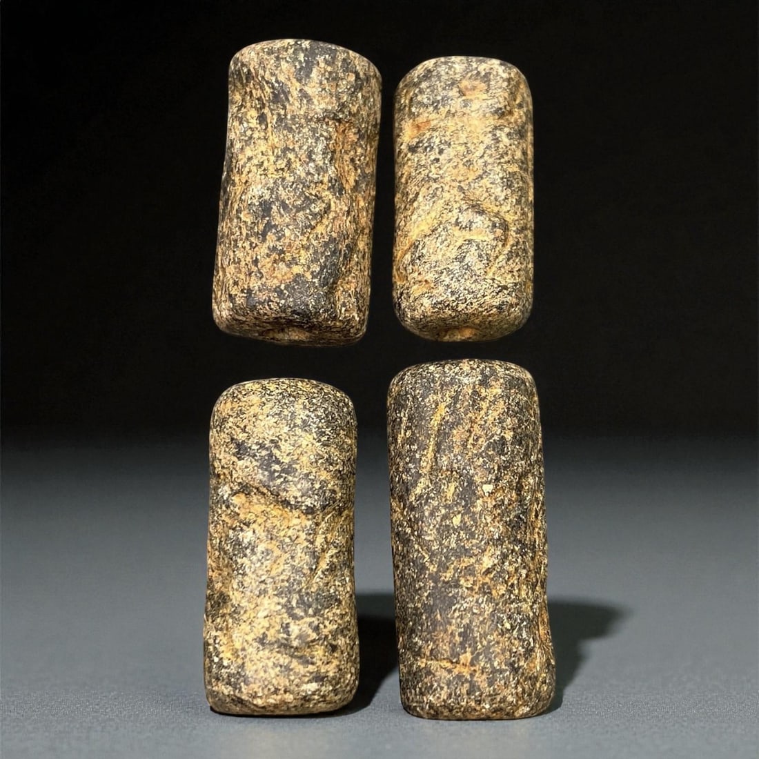 Ancient Akkadian Lapis Lazuli Cylinder Seals, c. 23rd-21st Century BCE, 2.3-3.8 cm, 43EK: This rare group of four lapis lazuli cylinder seals originates from the Akkadian Empire, Mesopotamia's first imperial civilization (c. 23rd-21st century BCE). Cylinder seals were essential administrat