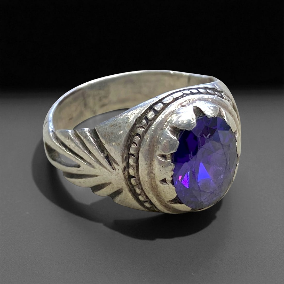 Antique Ottoman Violet Glass Silver Ring, c. 19th-20th Century, US 8, 5g, 17CC: This elegant antique silver ring captures the essence of late Ottoman artistry, combining refined design with spiritual symbolism. The centerpiece is a brilliant faceted violet glass gem-its hue remin