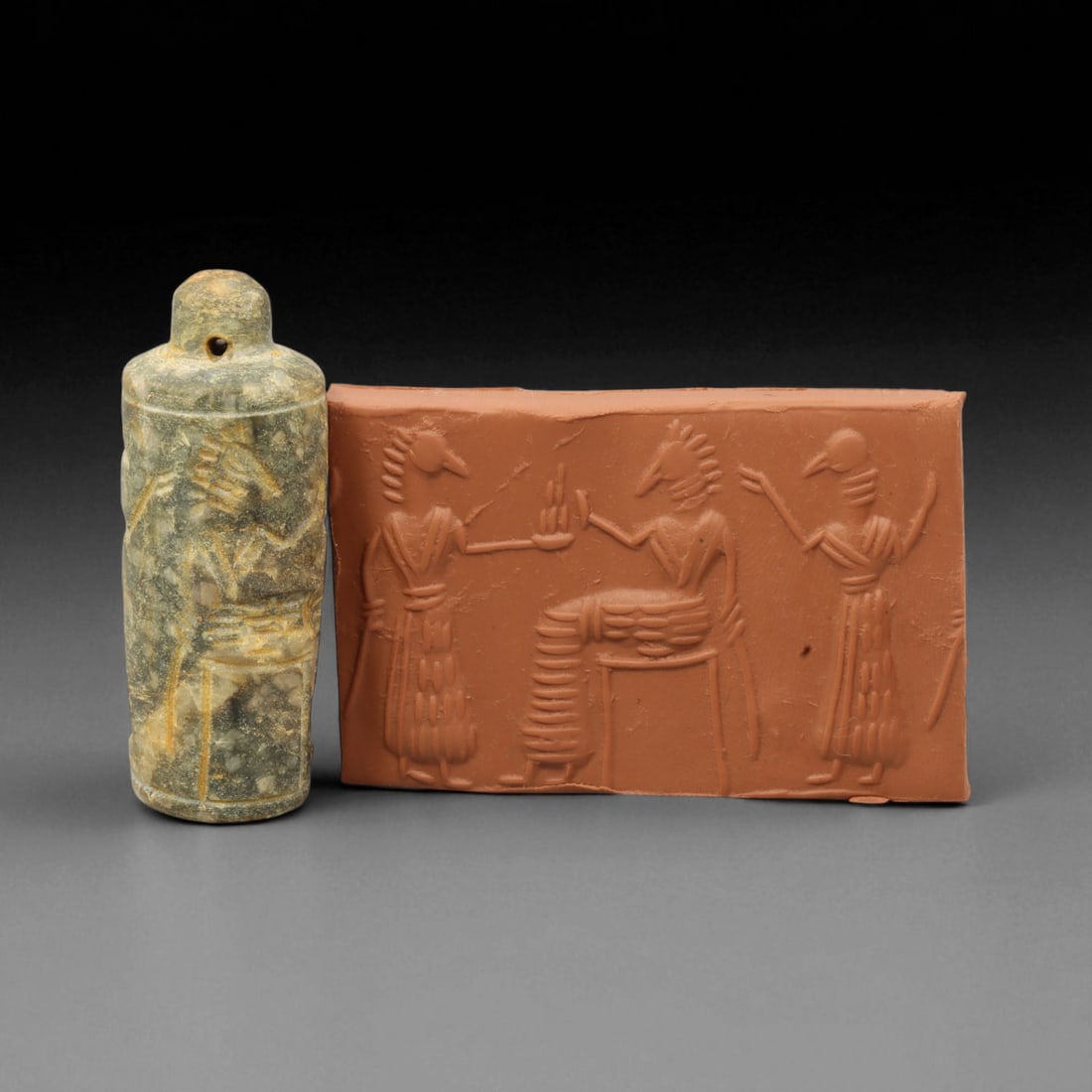 A Mesopotamian Stone Cylinder Seal, 3rd-2nd Millennium BCE, 5.2cm, 98DB: This authentic cylinder seal from ancient Mesopotamia dates to the 2nd to 1st millennium BCE, a time when the art of carving miniature narratives on stone reached remarkable levels of refinement. Seal