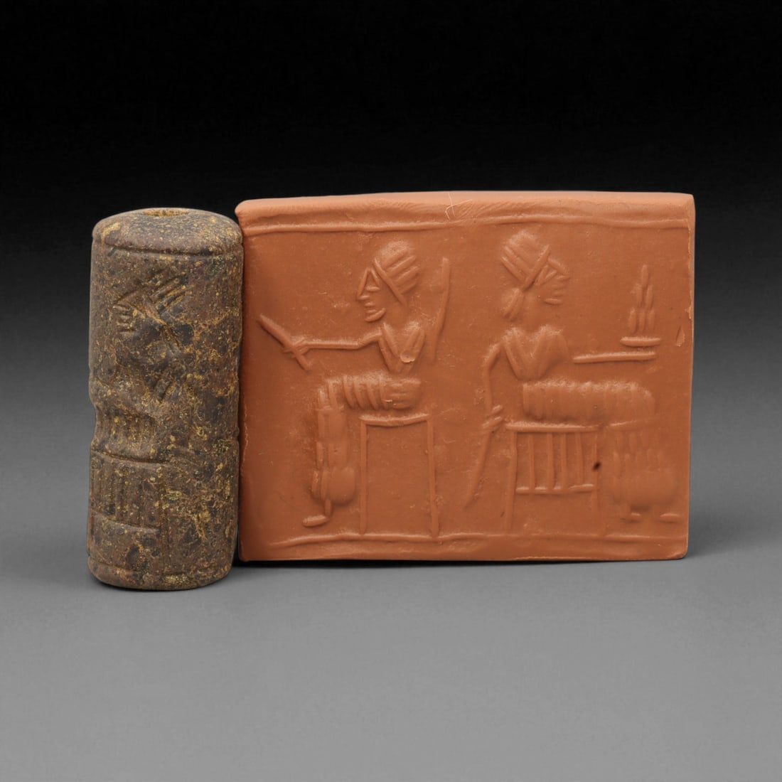 A Mesopotamian Stone Cylinder Seal, 3rd-2nd Millennium BCE, 4cm, 78DB: This authentic cylinder seal from ancient Mesopotamia dates to the 2nd to 1st millennium BCE, a time when the art of carving miniature narratives on stone reached remarkable levels of refinement. Seal