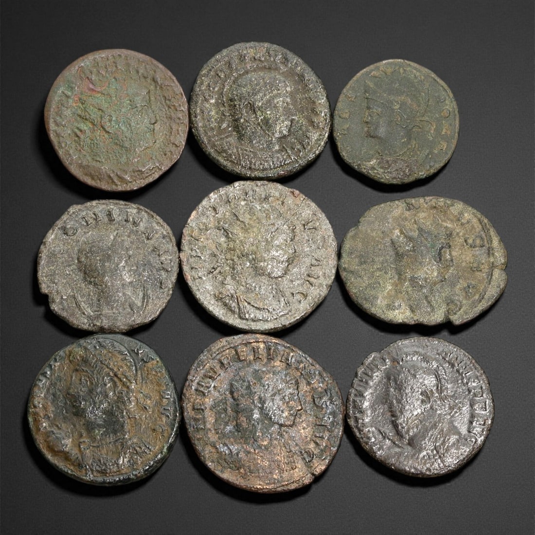 Ancient Roman Imperial Bronze Coins (AE2-AE3 Denominations), c. 3rd-4th Century CE, 19ER: A well-preserved group of nine bronze coins dating from the late Roman Imperial era, spanning approximately the 3rd to 4th century CE. These AE2-AE3 denominations represent a dynamic period of transit