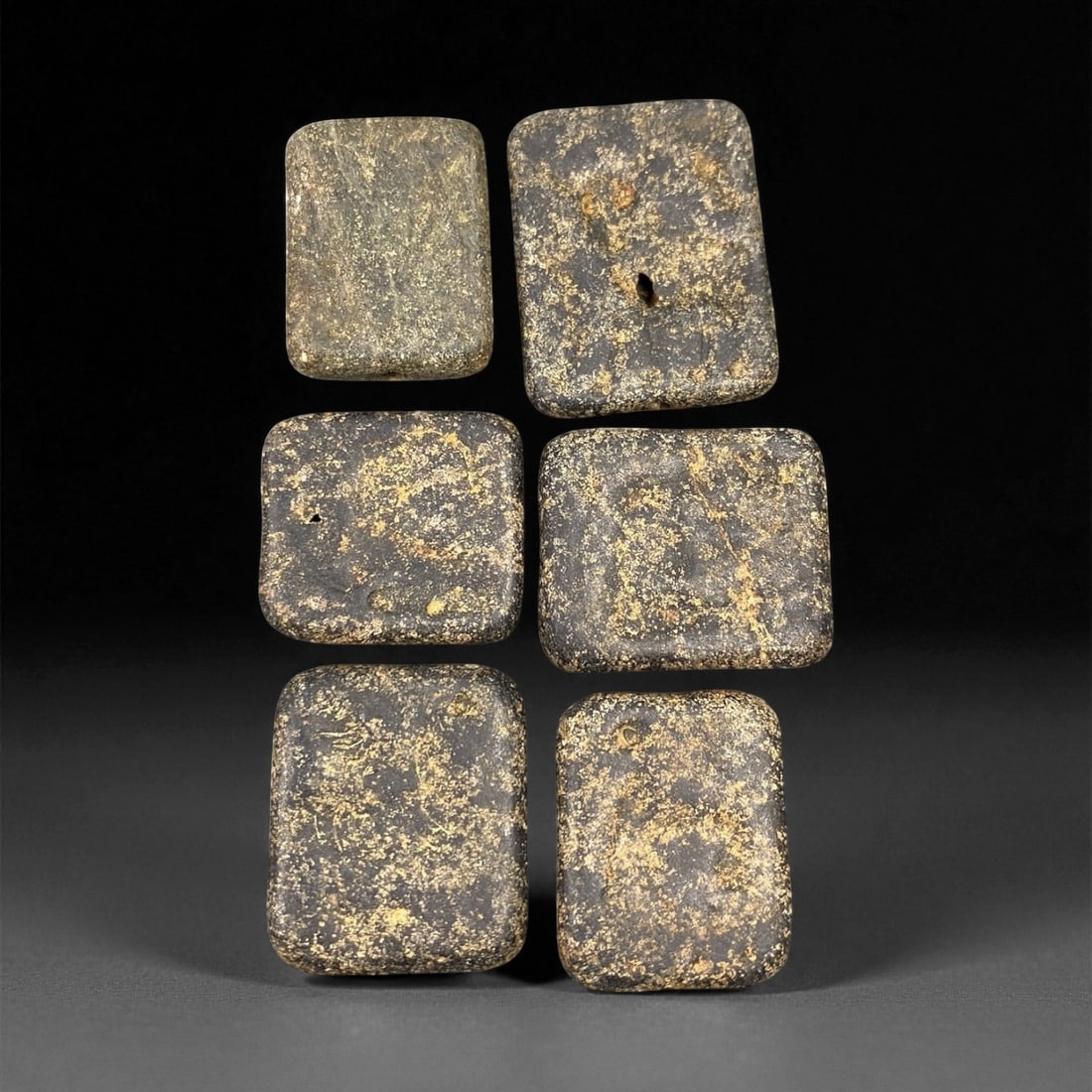 Ancient Neo-Sumerian Steatite Stamp Seal Group, c. 21st-20th Century BCE, 2.2-2.7cm, 69EP: This impressive group of carved steatite stamp seals dates to the Neo-Sumerian period, a flourishing era of artistic refinement and administrative precision in ancient Mesopotamia. Each seal features 