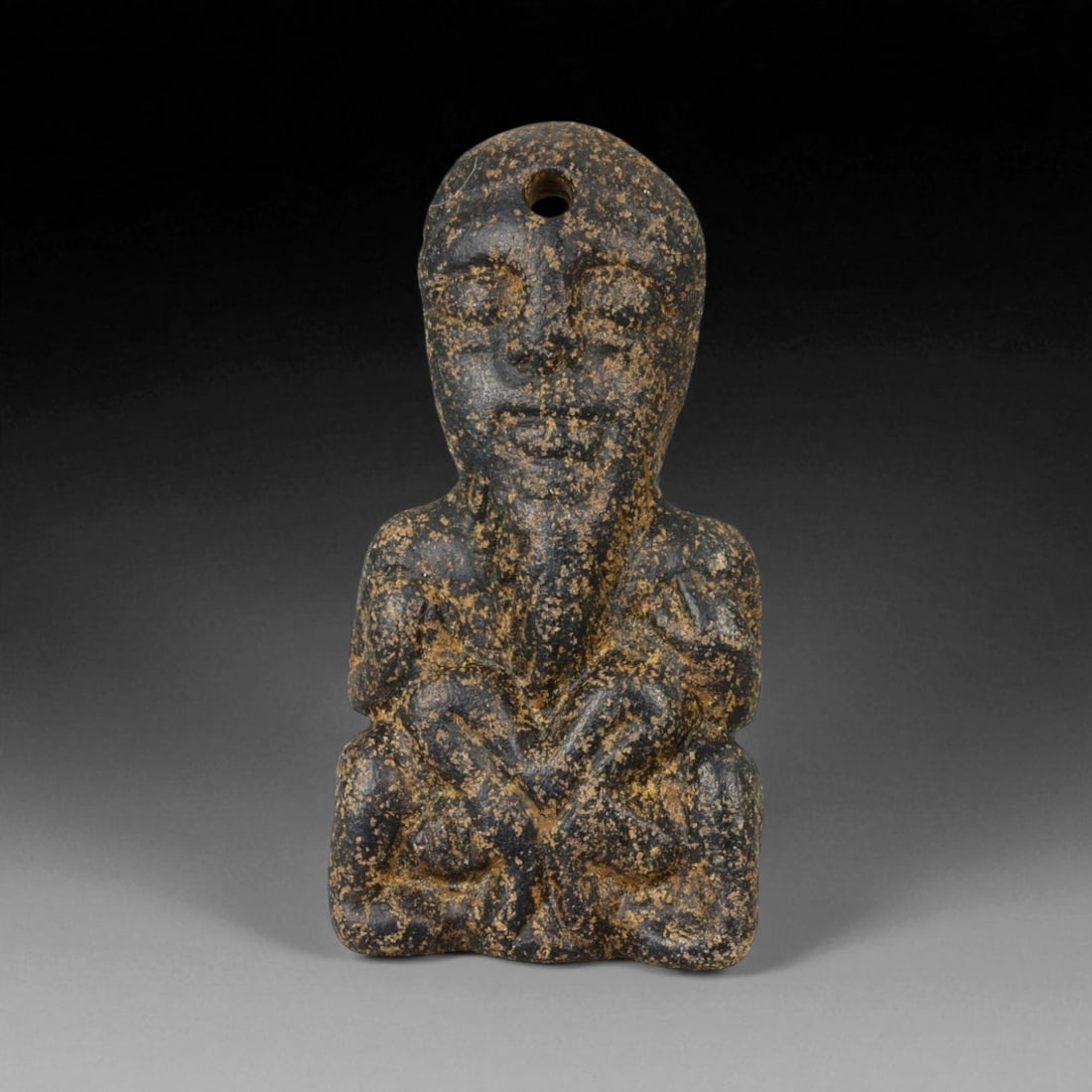 Ancient Indus Valley Anthropomorphic Steatite Amulet, c. 2500-2000 BCE, 45mm, 87BH: This finely carved anthropomorphic amulet originates from the Indus Valley Civilization, one of the world's earliest urban cultures, flourishing between c. 3300-1300 BCE. The amulet likely dates to th