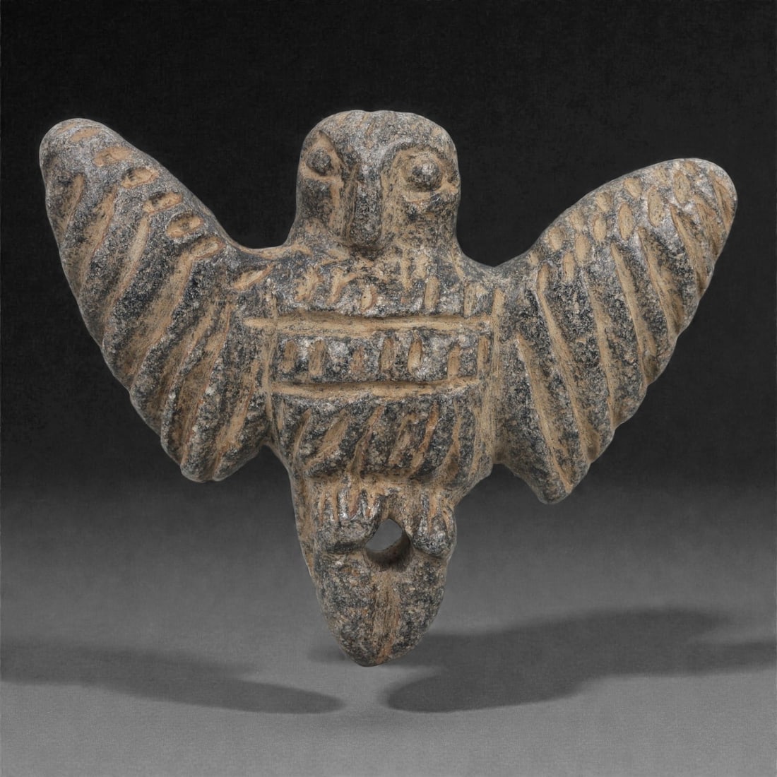 A Levantine Schist Vulture Amulet, Iron Age II, 9th-7th Century BCE, 88LJ: Carved from dark grey schist, the amulet depicts a bird of prey with wings extended horizontally and a compact body rendered in low relief. The head is rounded with recessed circular eyes and a short,