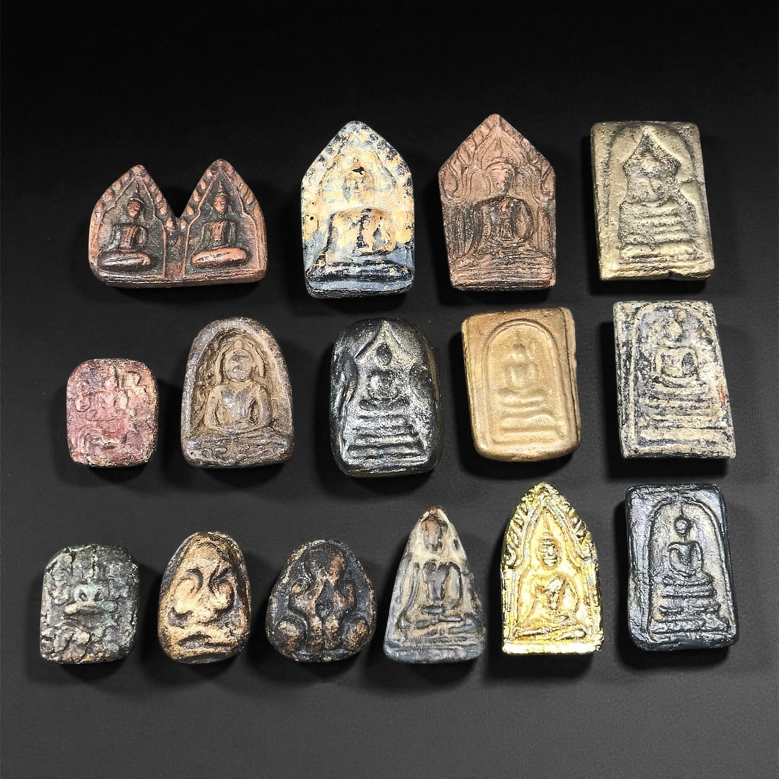 Vintage Thai Buddhist Terracotta and Bronze Amulet Set, c. 20th Century 2.4-4.4cm, 77EW (1 of 1)