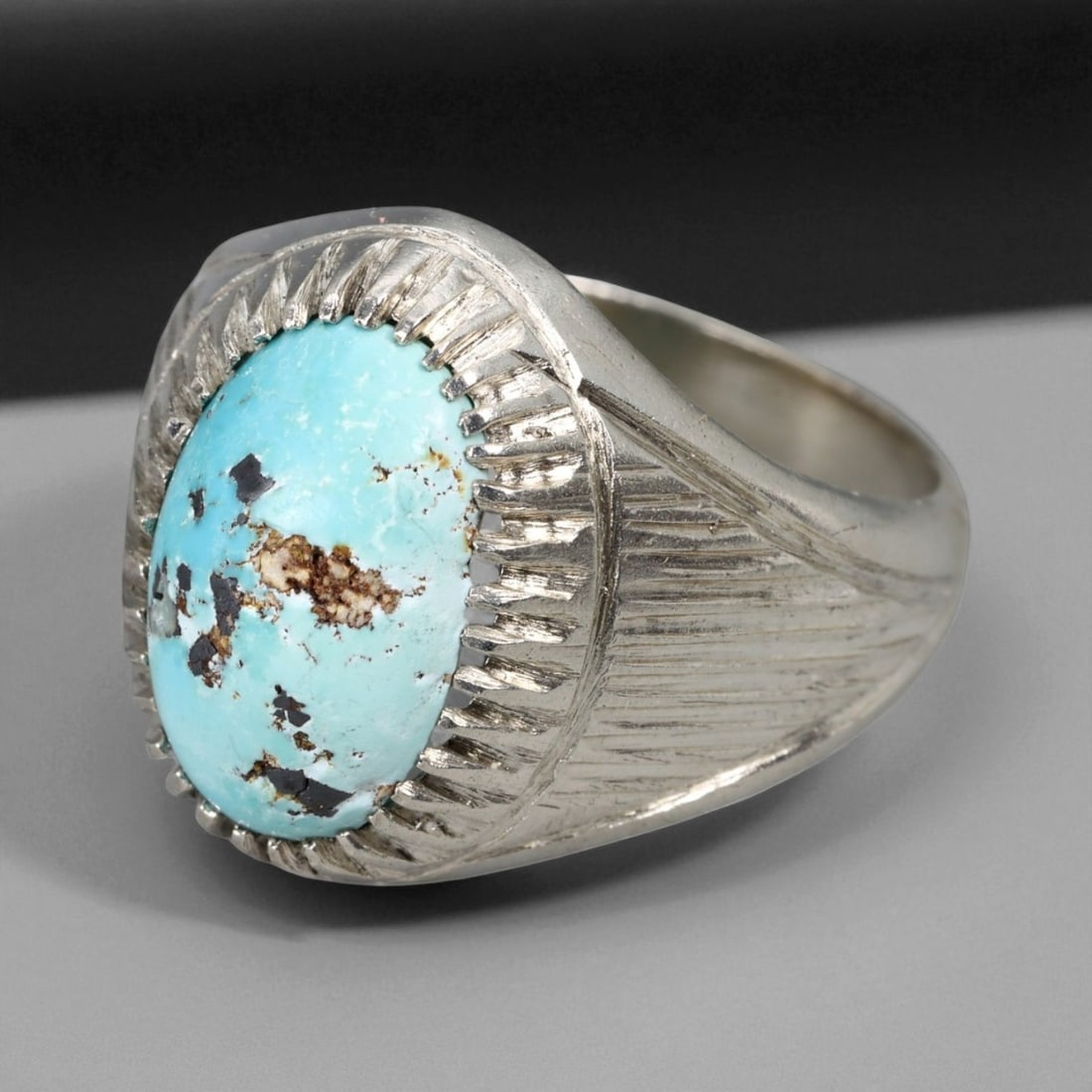 Antique Persian-Style Turquoise Cabochon Silver Ring, c. 19th-20th Century, US 11, 52BA (1 of 3)