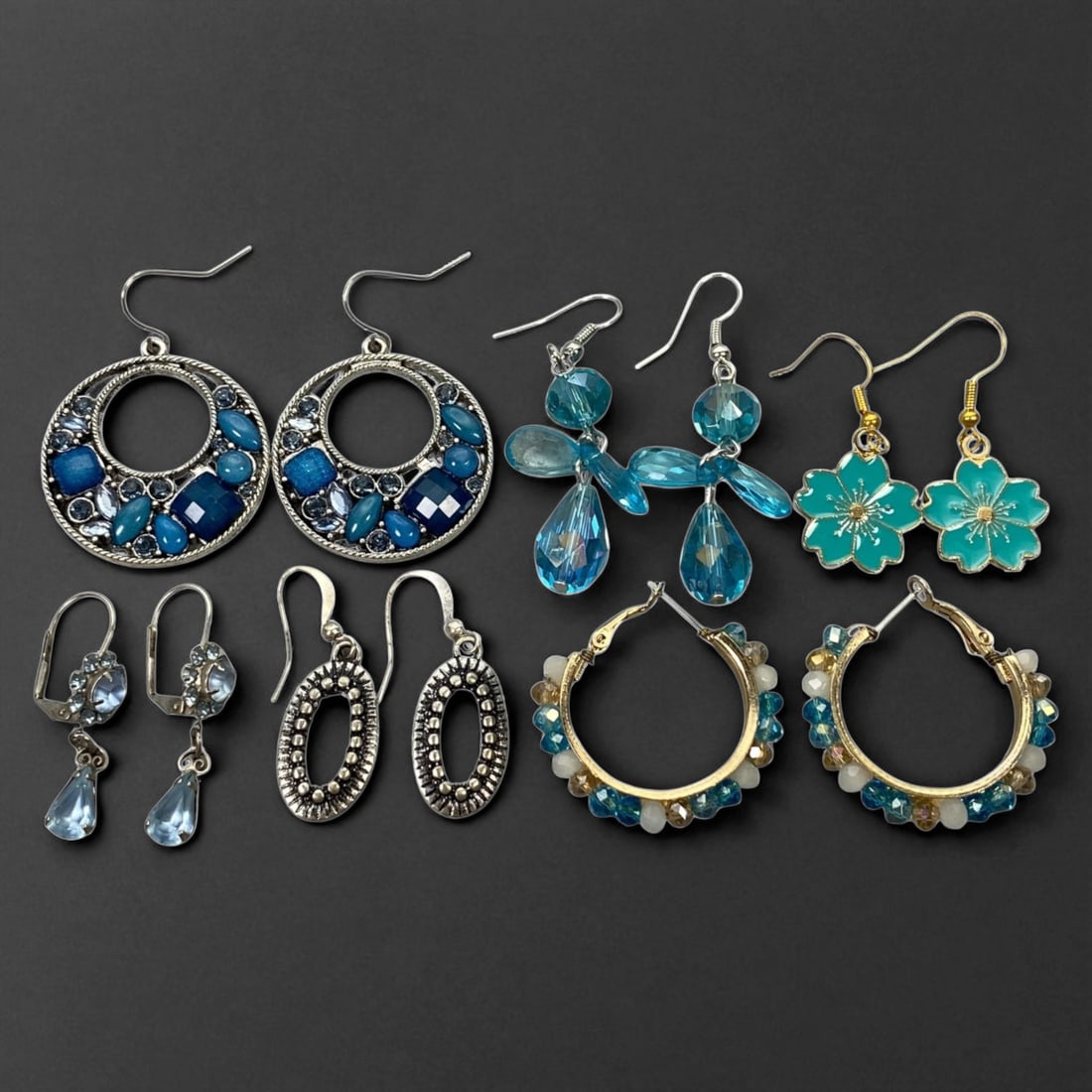 Set of Six Pairs of Blue and Silver-Tone Earrings - Crystal, Enamel & Beaded Collection, 87WB (1 of 1)