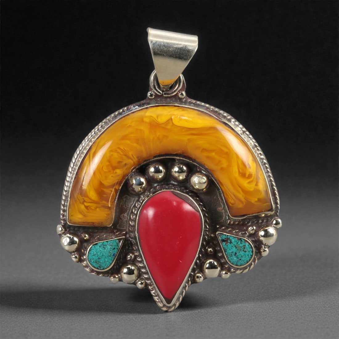 Himalayan Style Silver Pendant - Amber Resin Turquoise Coral, 17LS (1 of 2)