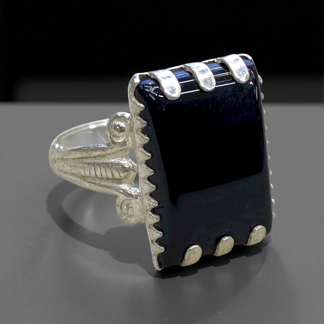 Vintage Persian Rectangular Black Onyx Silver Ring, c. Mid-20th Century, Ring Size 9, 4g, 55CC (1 of 2)
