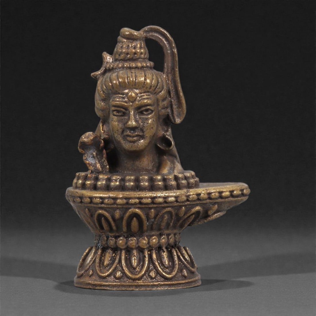 Bronze Shiva Bust on Ornamental Oil Lamp Base - Hindu Icon Figurine, 22D (1 of 3)
