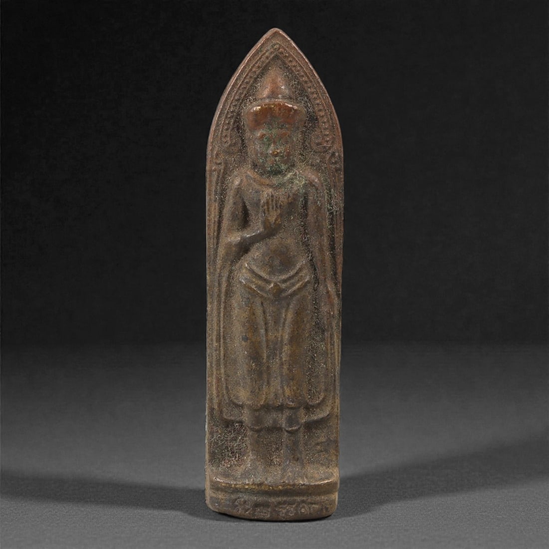 A Thai Copper Alloy Standing Buddha Plaque, Late Ayutthaya-Early Rattanakosin, 18th-19th C., 4LS (1 of 2)