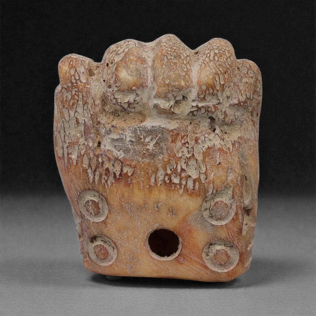 An Egyptian Carved Bone Fist Amulet, New Kingdom-Late Period, 8LJ: Carved from a light brown bone with areas of heavy surface encrustation, the object is shaped as a clenched fist with the knuckles rendered in rounded relief along the upper edge. The lower register b