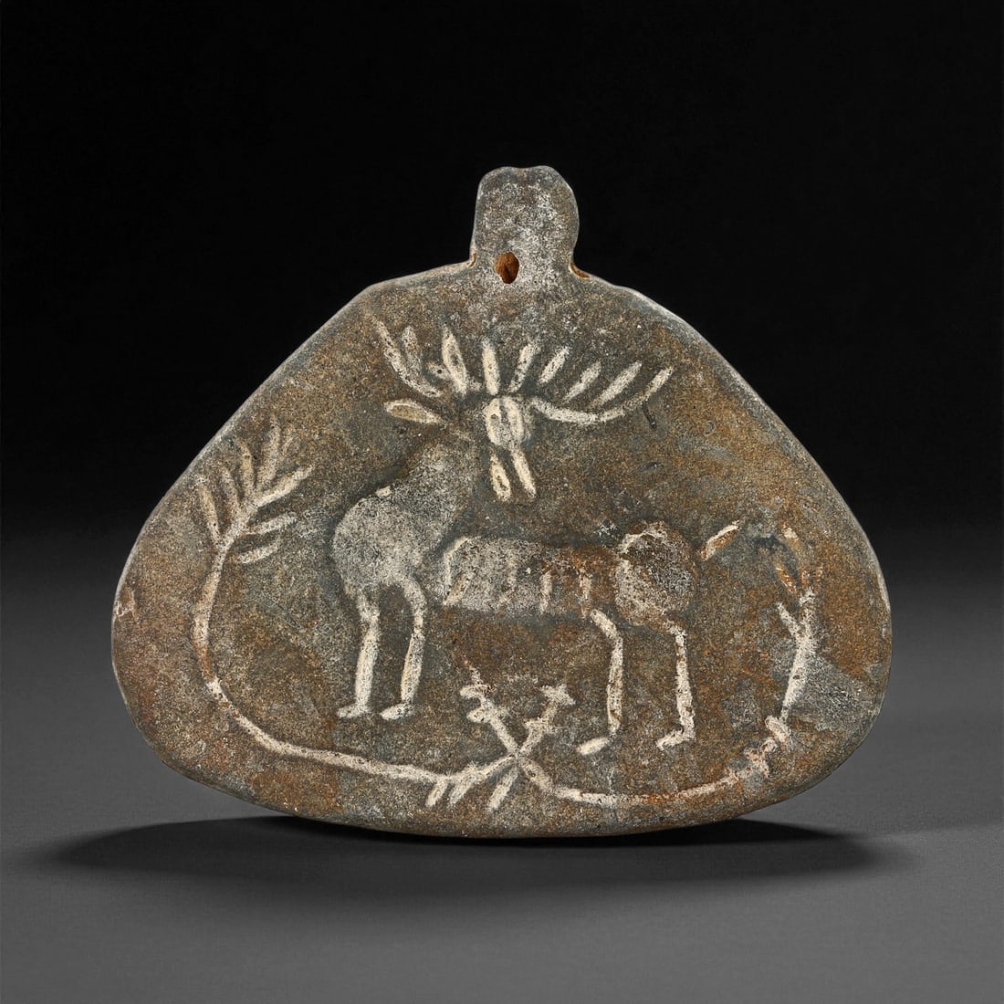 Ancient Elamite Horned Stag Motif Steatite Pendant Plaque, c. 25th-23rd Century BCE, 6.3cm, 92ES (1 of 2)