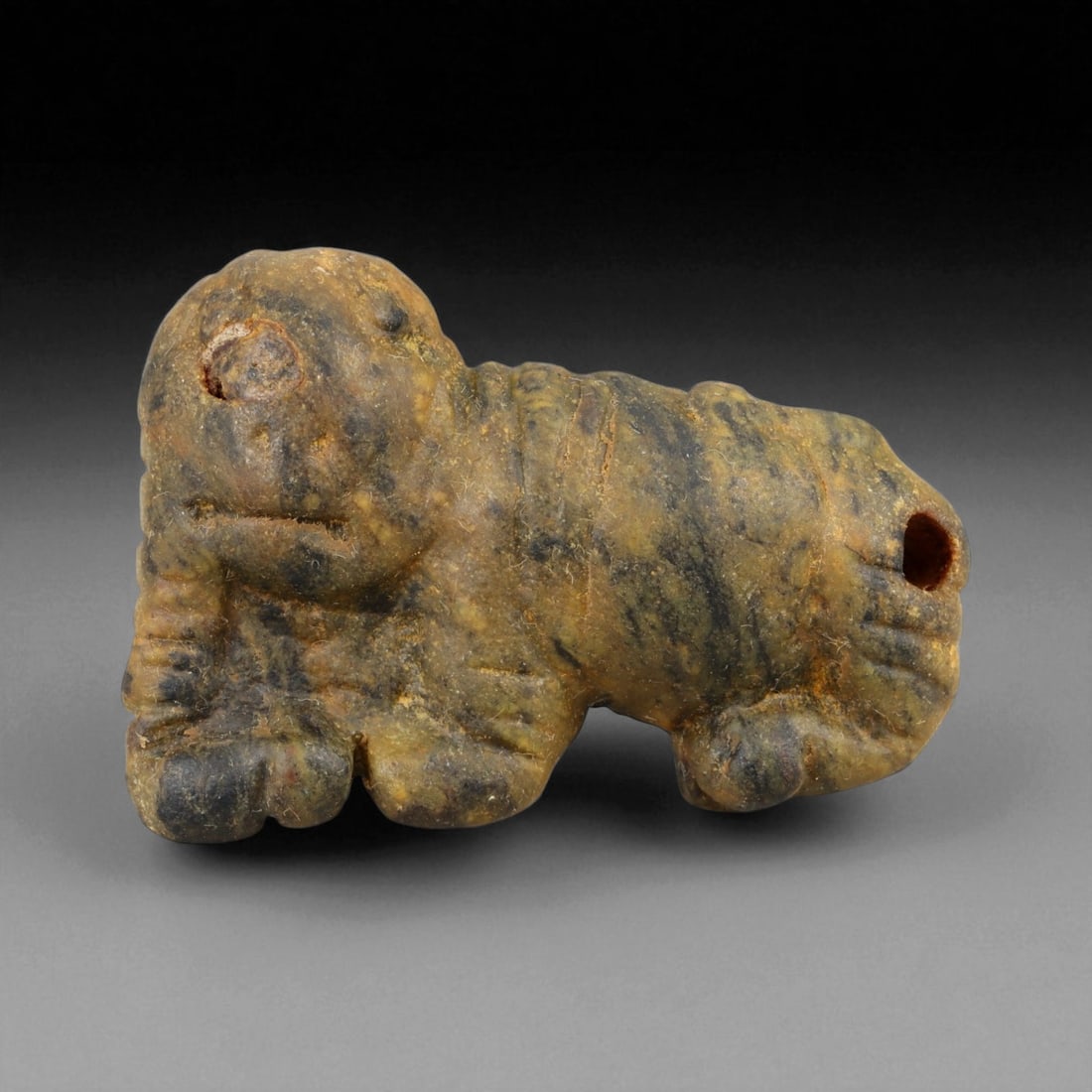 Ancient Elamite Steatite Feline Amulet, c. 2000-1500 BCE 26g, 85BG: This amulet, carved in the form of a reclining feline, originates from the Elamite culture of southwestern Iran, c. 2000-1500 BCE. Measuring 4.5 cm and weighing 26 g, it is carefully rendered with sty