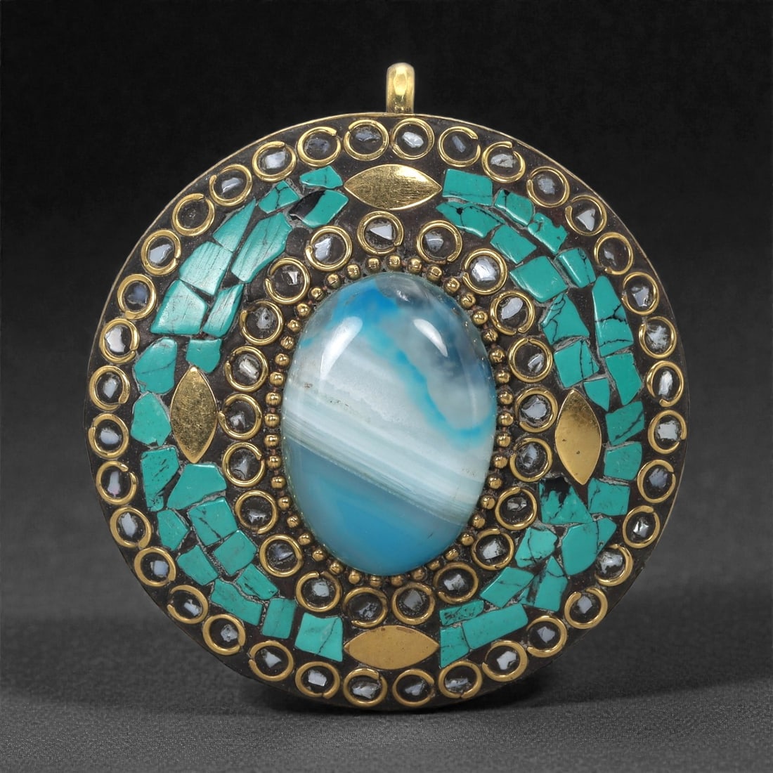 Himalayan Style Brass Pendant - Agate Turquoise Mosaic, 2XF (1 of 2)