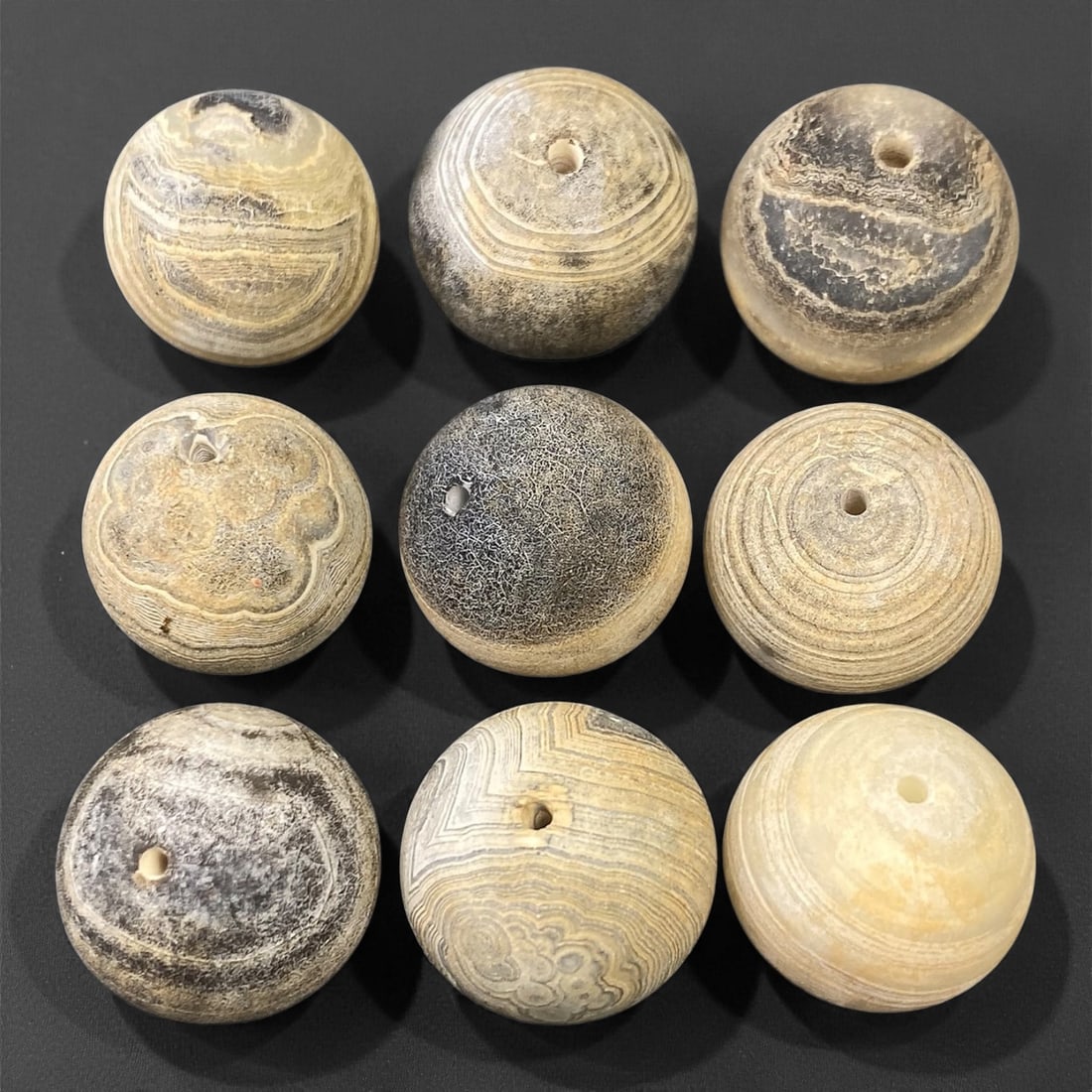 Antique Tibetan Grey Banded Agate Prayer Beads Collection, c. 18th-19th Century, 1.5-1.7 cm, 44BD (1 of 1)