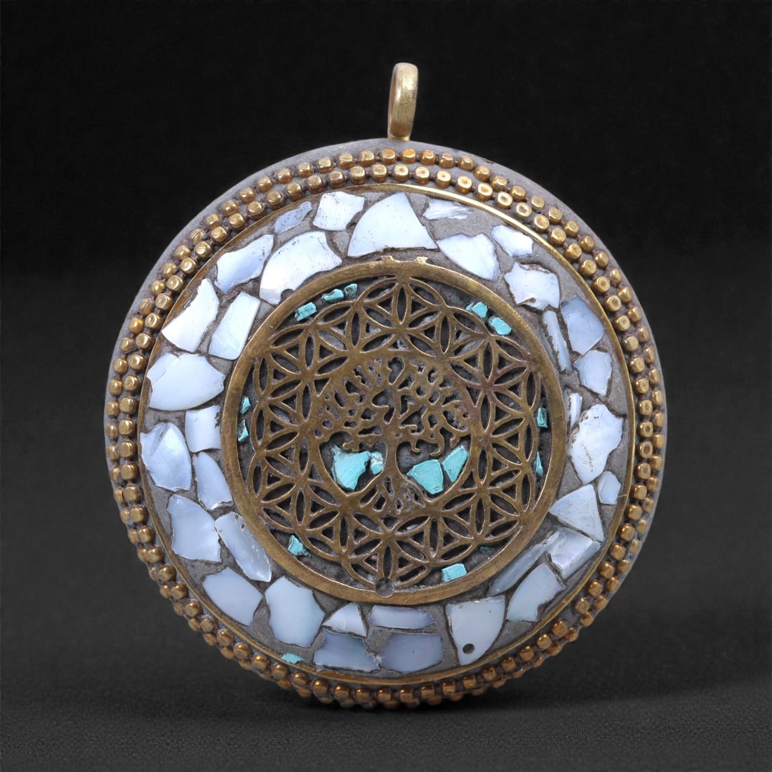 Himalayan Metal Pendant with Inlaid Mosaic • Tree-of-Life Tribal Amulet, 25L (1 of 2)