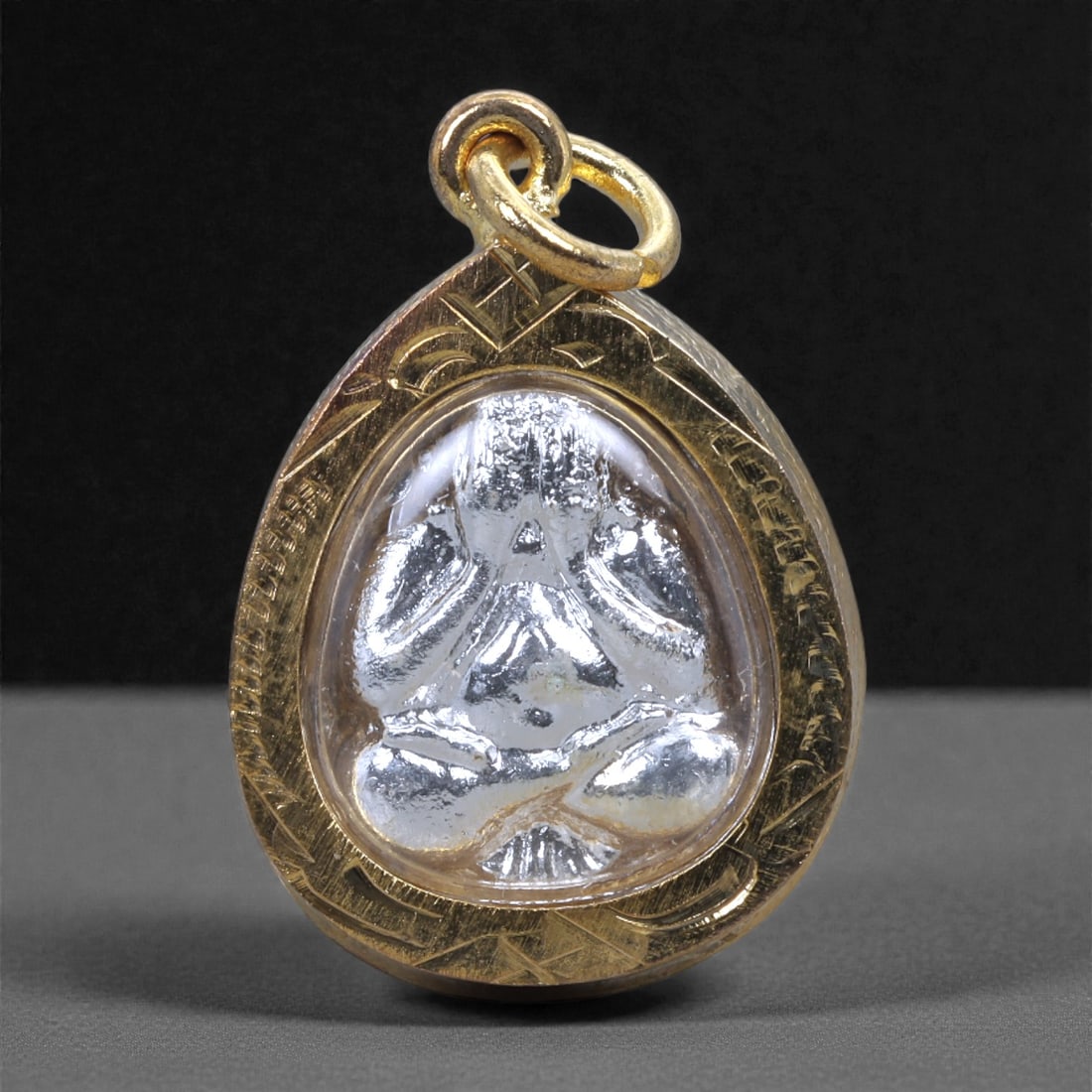 Buddhist Amulet Pendant - Southeast Asian Silver-Tone Meditative Figure, 27L (1 of 2)