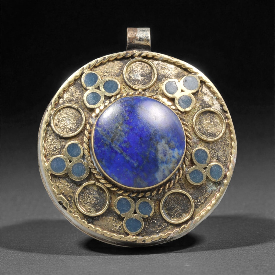 Himalayan Metal Pendant with Lapis Inlay - Round Tribal Amulet, 96ZC (1 of 2)