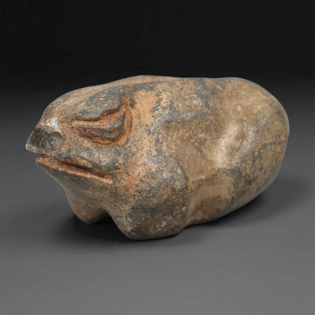 A Mesoamerican Stone Amphibian Figure, Late Preclassic-Classic Period, Circa 300 BCE-900 CE, 23LA: Carved from a mottled brown and grey stone with surface weathering, the figure is modeled in a compact, recumbent posture. The head features a pointed snout, recessed lenticular eyes defined by raised
