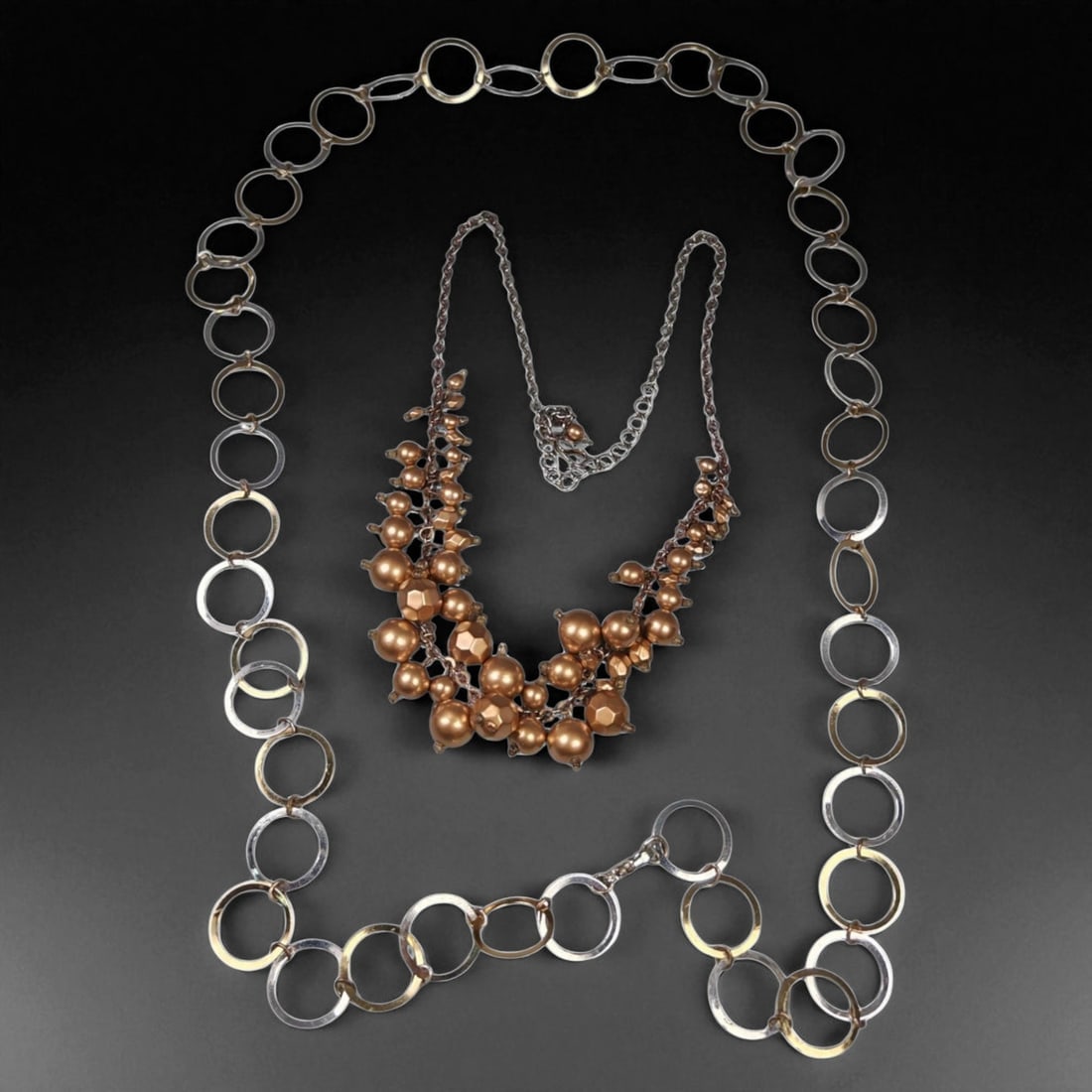 Set of Two Statement Necklaces - Bronze Bead Cluster and Modern Circle Chain Designs, 18WB (1 of 1)