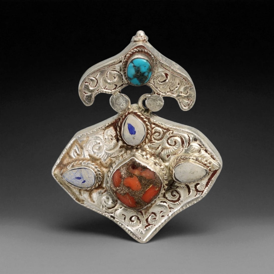 Vintage Himalayan Tibetan Coral Turquoise Lapis Silver Pendant, 20th Century, 5.2cm, 2A (1 of 2)