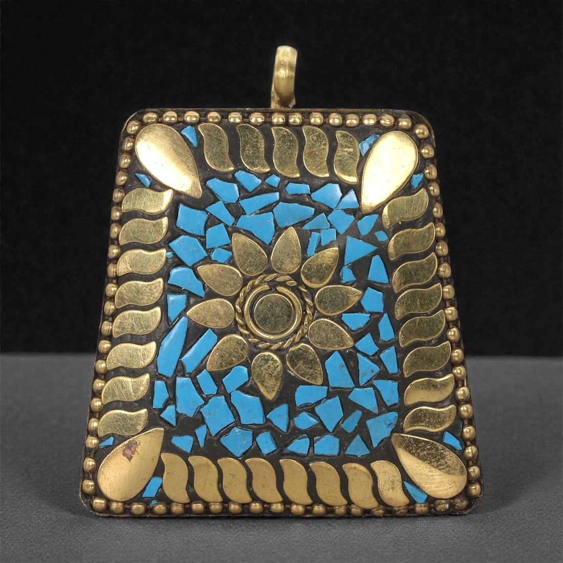 Himalayan Style Brass Pendant - Turquoise Mosaic Sunburst, 52XF (1 of 2)