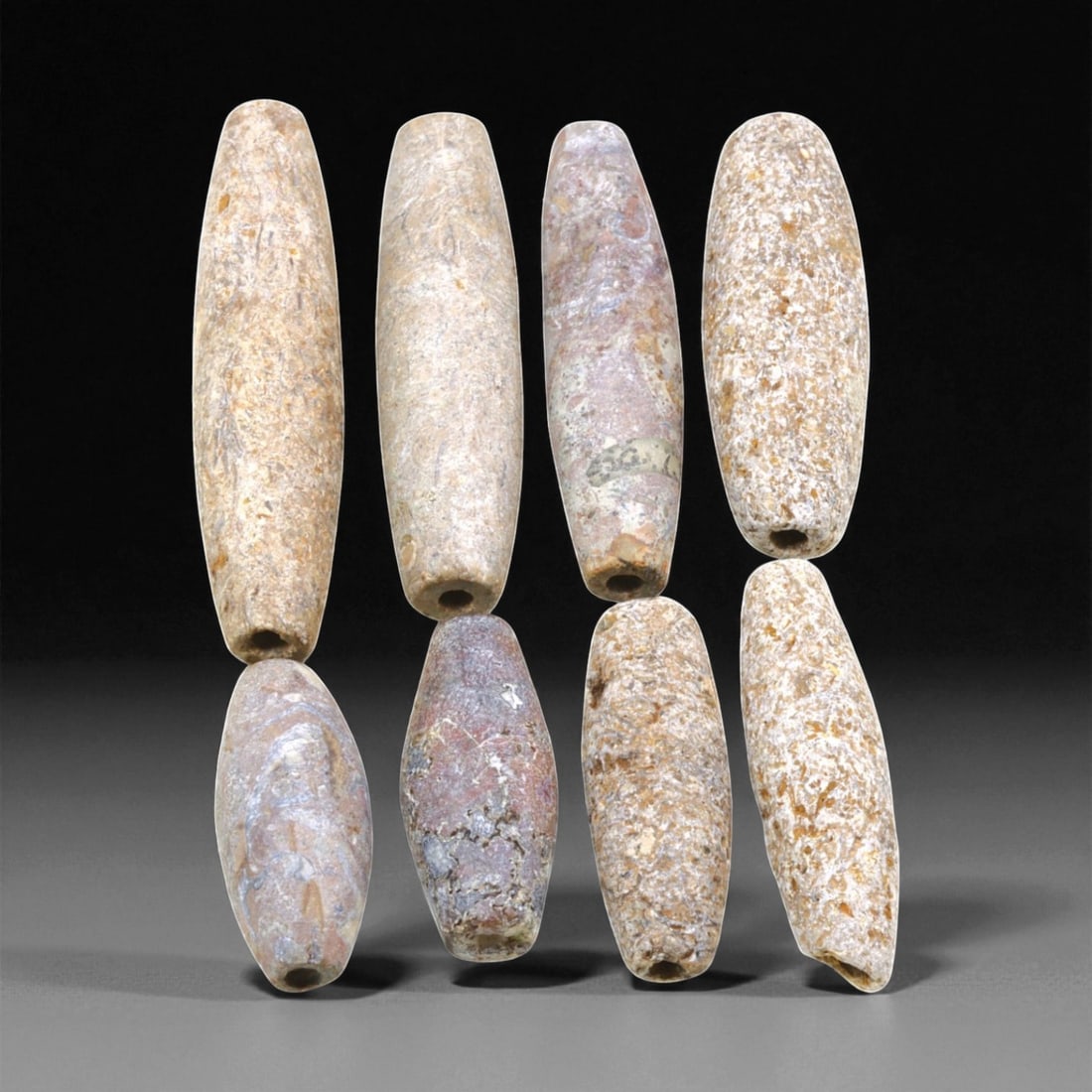 Ancient Indus Valley Steatite Barrel Beads, c. 2600-1900 BCE, 3.4-6cm, 13EL: These ancient barrel-shaped beads originate from the Indus Valley Civilization, one of the earliest and most sophisticated urban cultures of the Bronze Age. Dated to around 2600-1900 BCE, they were ca