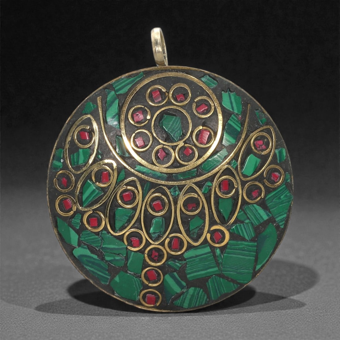 Himalayan Style Brass Pendant - Malachite Coral Mosaic, 37XF (1 of 2)