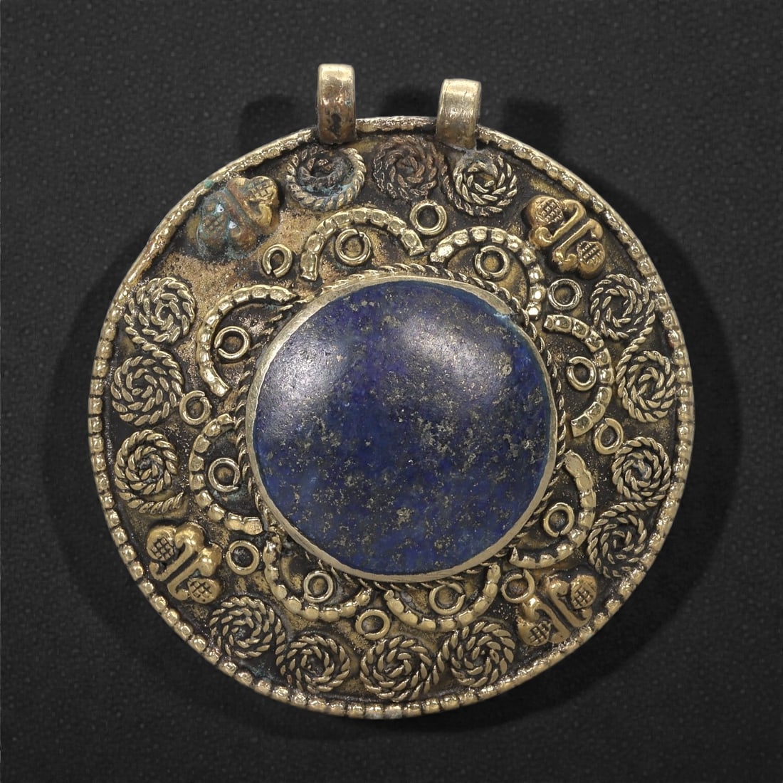 Himalayan Style Brass Pendant - Lapis Cabochon Filigree, 46XF (1 of 2)