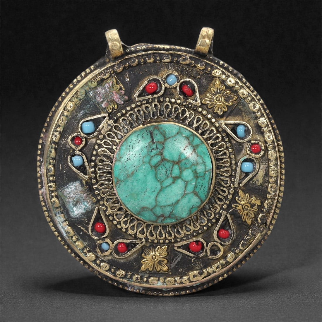 Himalayan Style Brass Pendant - Turquoise Coral Round, 14XF (1 of 2)