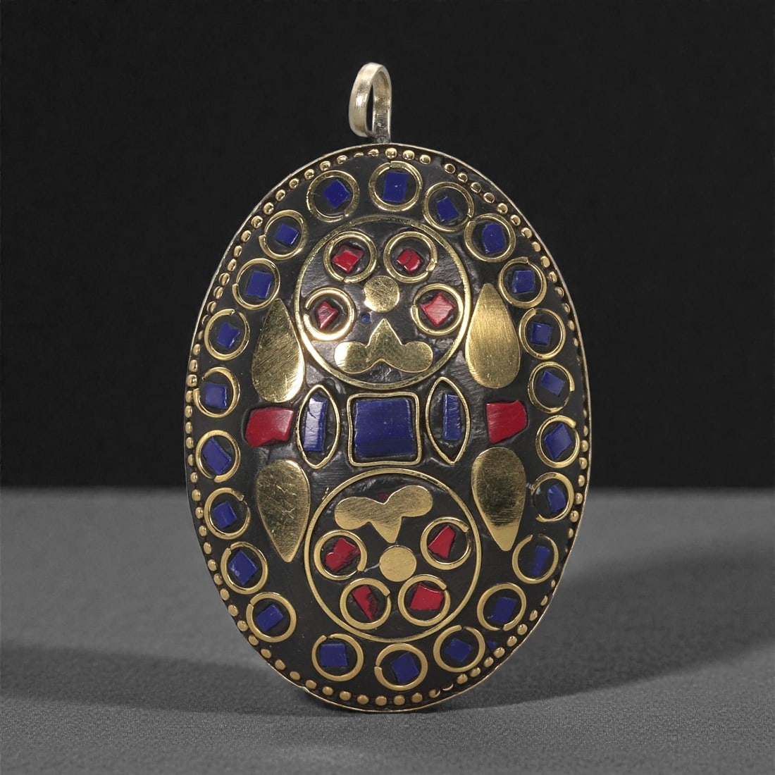 Himalayan Style Brass Pendant - Lapis Coral Inlay Oval, 74XF (1 of 2)