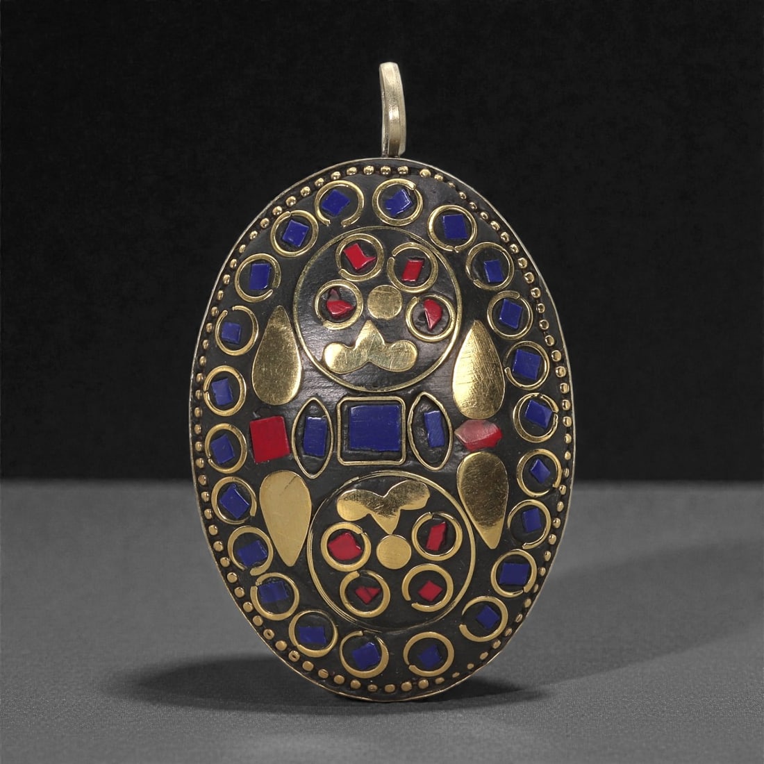 Himalayan Style Brass Pendant - Lapis Coral Inlay Oval, 68XF (1 of 2)