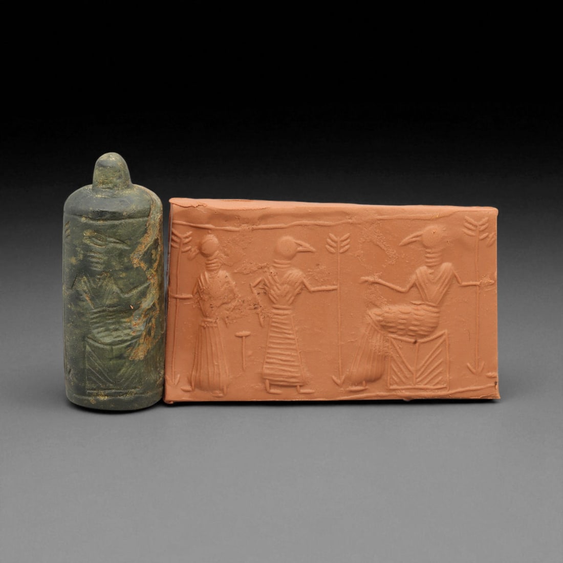 A Mesopotamian Stone Cylinder Seal, 3rd-2nd Millennium BCE, 5.2cm, 53BF: This authentic cylinder seal from ancient Mesopotamia dates to the 2nd to 1st millennium BCE, a time when the art of carving miniature narratives on stone reached remarkable levels of refinement. Seal