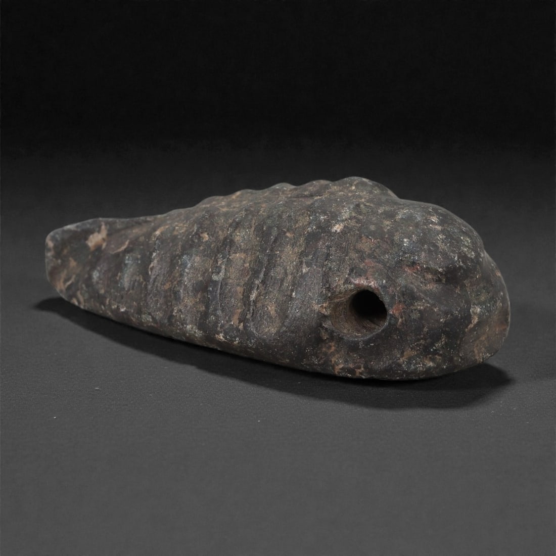 A Bactrian Steatite Zoomorphic Amulet, 3rd-2nd Millennium BCE, 2LR: Carved from dark steatite with lighter mineral inclusions, the amulet is formed as a tapering body with a rounded upper section and two lateral perforations for suspension. The head is minimally defin