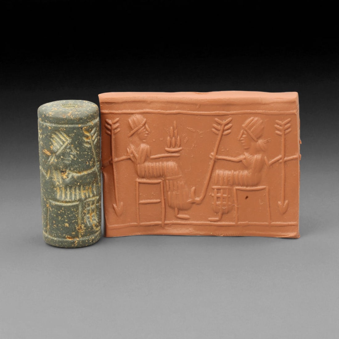 A Mesopotamian Stone Cylinder Seal, 3rd-2nd Millennium BCE, 3.7cm, 95DJ: This authentic cylinder seal from ancient Mesopotamia dates to the 2nd to 1st millennium BCE, a time when the art of carving miniature narratives on stone reached remarkable levels of refinement. Seal