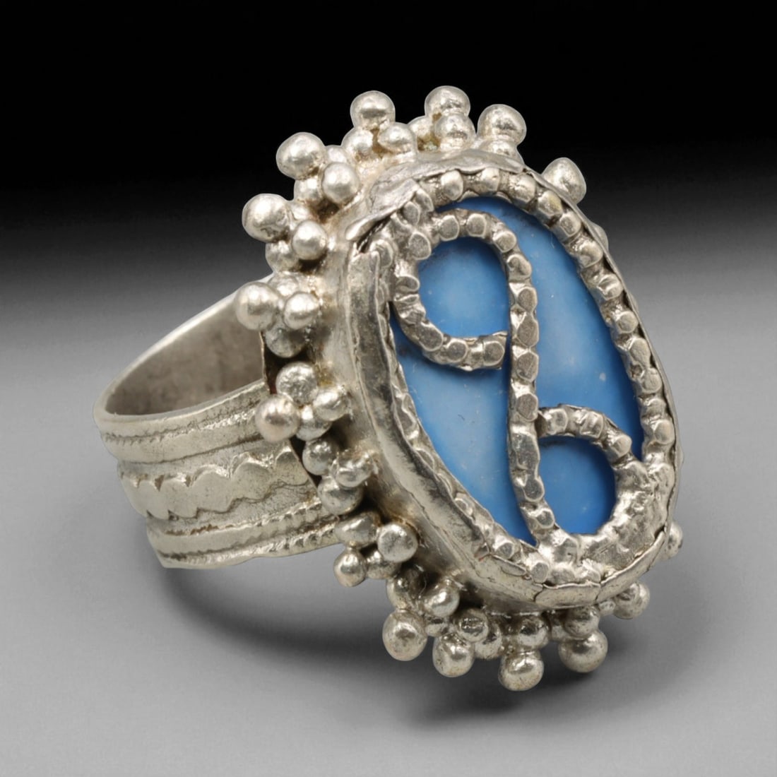 Antique Central Asian Blue Enamel Filigree Silver Ring, c. 19th-20th Century, US 8, 28BD (1 of 2)