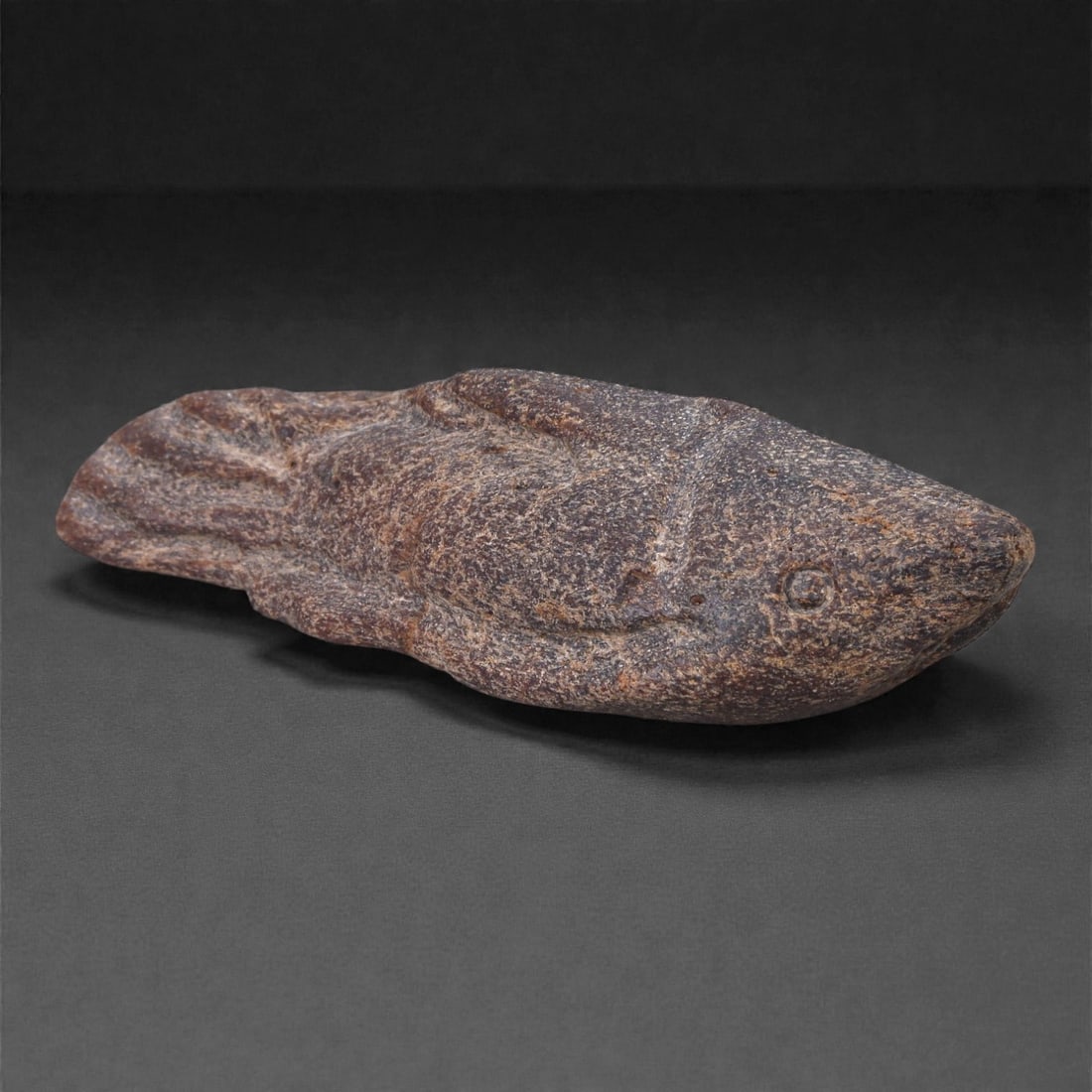 Ancient Fossil Bone Stone Fish Effigy - Zoomorphic Aquatic Sculpture, 20E: This streamlined zoomorphic effigy is carved from dense fossilized bone stone and represents a fish rendered in a minimalist, archaic style. The elongated body, gently tapering head, and clearly indic